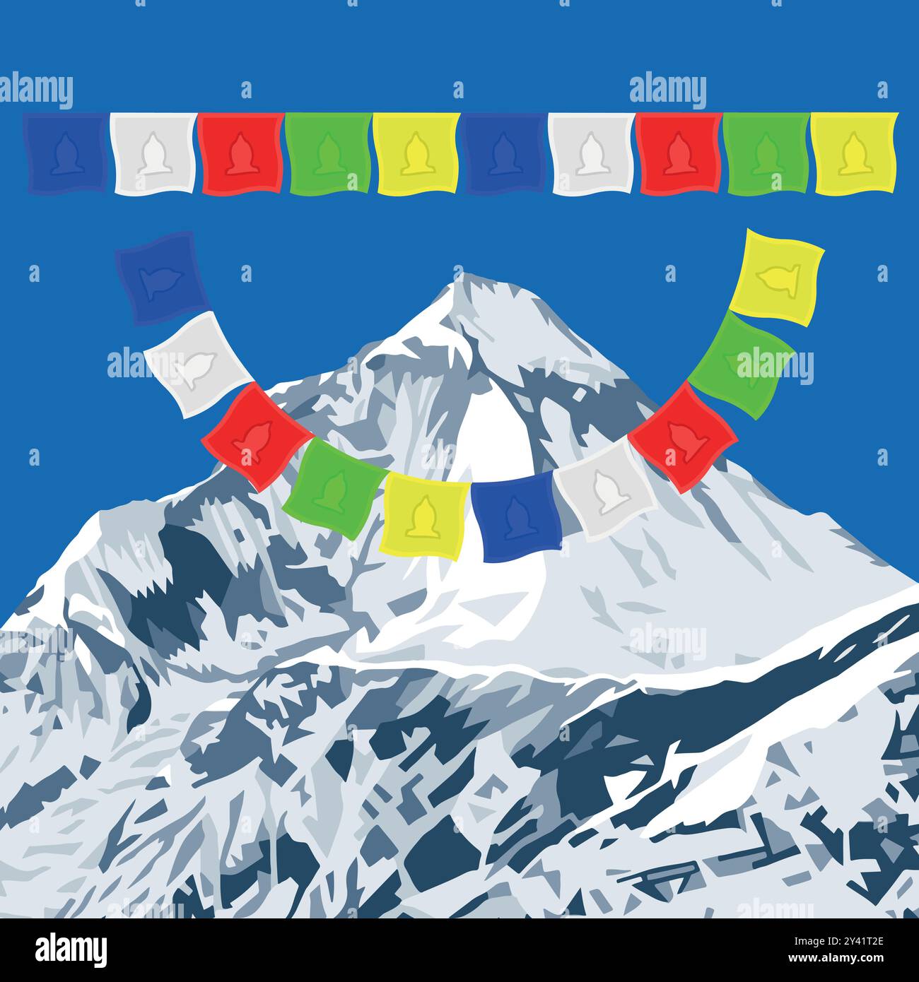 Mount Dhaulagiri peak as seen near Thorung La pass with buddhist prayer flags, Mount Annapurna circuit trekking trail, vector illustration, Nepal Hima Stock Vector