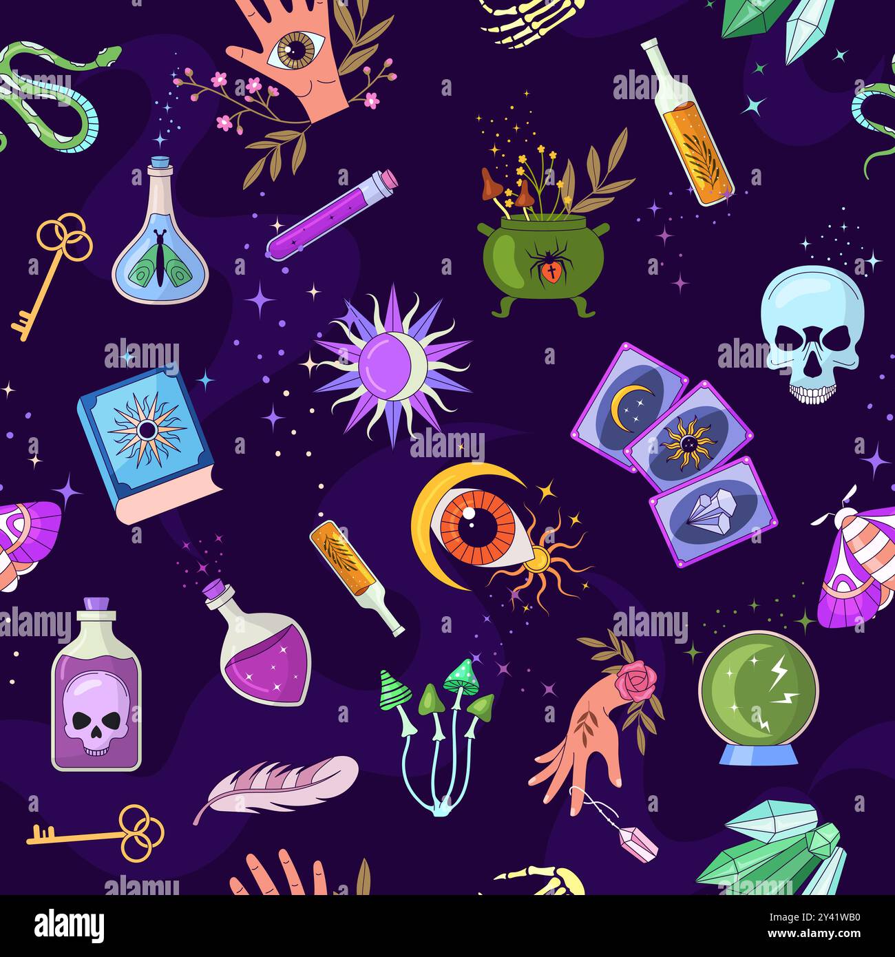 witchcraft pattern. fantasy items for witches cartoon seamless background Stock Vector
