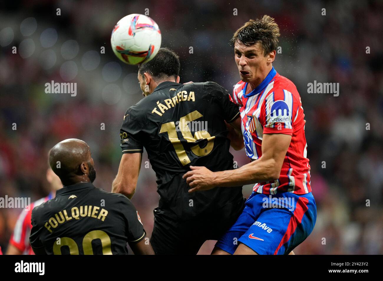 Madrid, Spain. 15th Sep, 2024. Robin Le Normand of Atletico de Madrid and Cesar Tarrega of Valencia CF during the La Liga EA Sports match between Atletico de Madrid and Valencia CF played at Civitas Metropolitano Stadium on 15 Sep, 2024 in Madrid, Spain. (Photo by Juan Perez/PRESSINPHOTO) Credit: PRESSINPHOTO SPORTS AGENCY/Alamy Live News Stock Photo