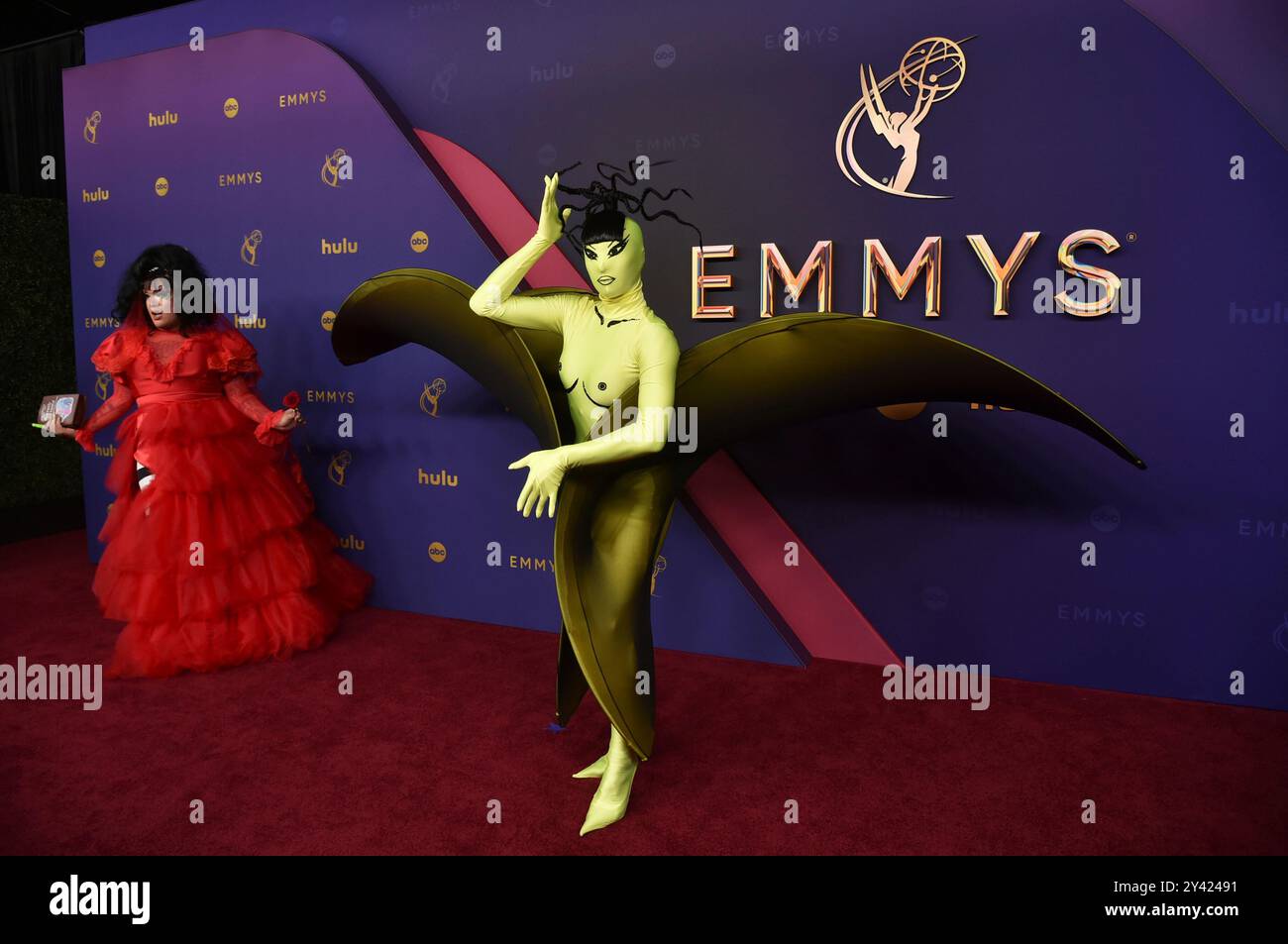 Megami, left, and Nymphia Wind arrive at the 76th Primetime Emmy Awards