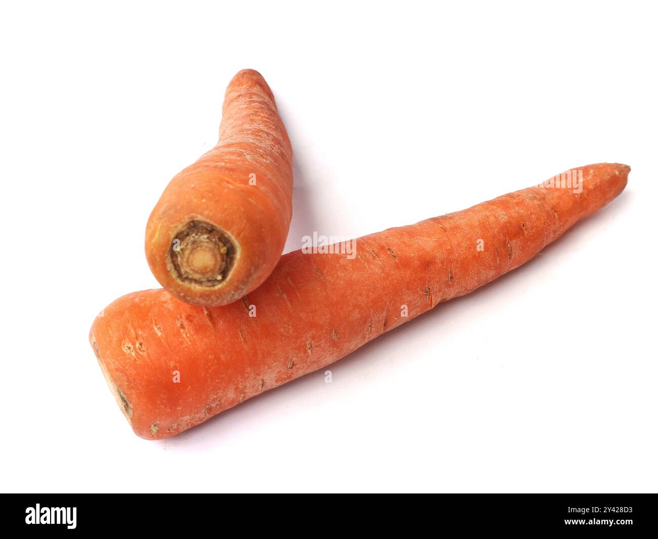 Two fresh carrots are displayed on a white background Stock Photo