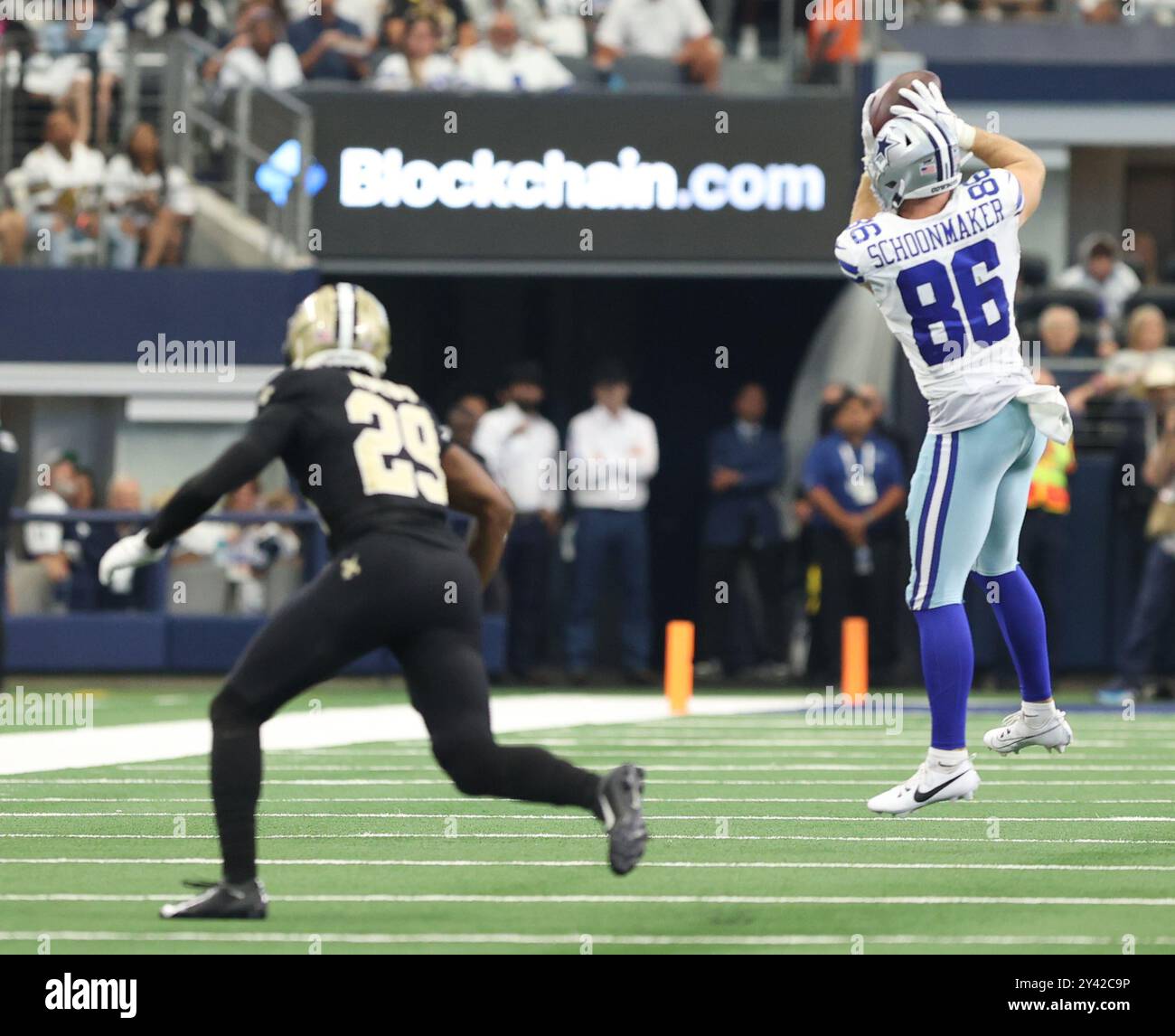 Irving, United States. 15th Sep, 2024. Dallas Cowboys tight end Luke Schoonmaker (86) makes this catch against New Orleans Saints cornerback Paulson Adebo (29) during a National Football League contest at AT&T Stadium on Sunday, September 15, 2024 in Irving, Texas. (Photo by Peter G. Forest/Sipa USA) Credit: Sipa USA/Alamy Live News Stock Photo