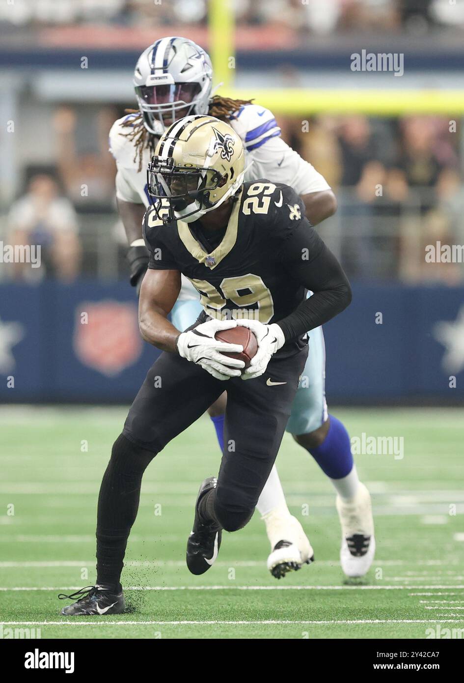 Irving, United States. 15th Sep, 2024. New Orleans Saints cornerback Paulson Adebo (29) returns an interception to stop a late Dallas Cowboys drive before the first half during a National Football League contest at AT&T Stadium on Sunday, September 15, 2024 in Irving, Texas. (Photo by Peter G. Forest/Sipa USA) Credit: Sipa USA/Alamy Live News Stock Photo