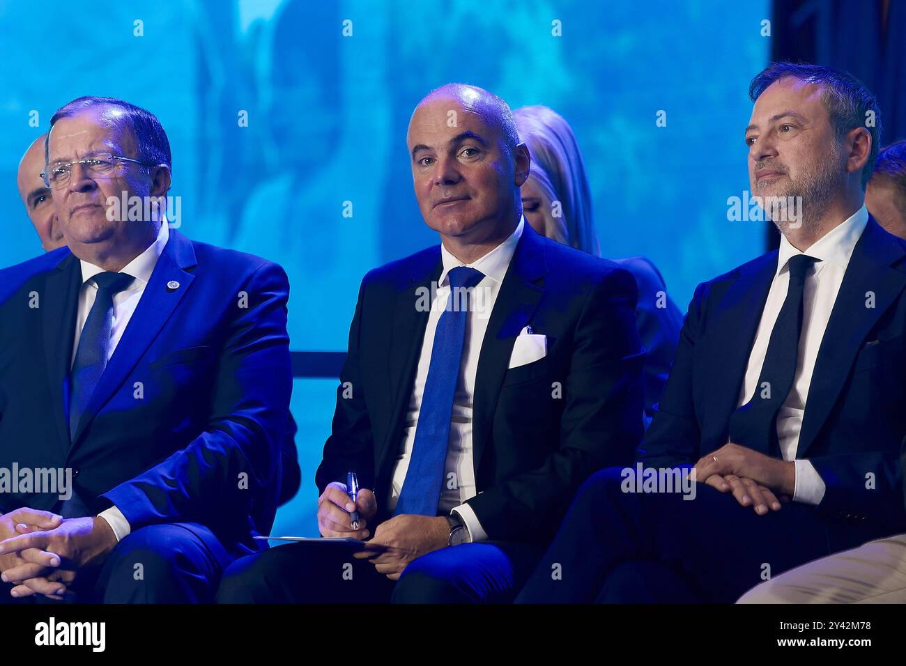 Bucharest, Romania. 15th Sep, 2024: Rares Bogdan (C), PNL First Vice-President Communication and International Relations and MEP, and PNL vice-presidents Gheorghe Flutur (L) and MEP Dan Motreanu (R) attend the National Council of National Liberal Party (PNL), held at the Palace of the Romanian Parliament. The council met to validate the president of the party, Nicolae Ciuca, as the candidate of the PNL for the Presidency of Romania. Credit: Lucian Alecu/Alamy Live News Stock Photo