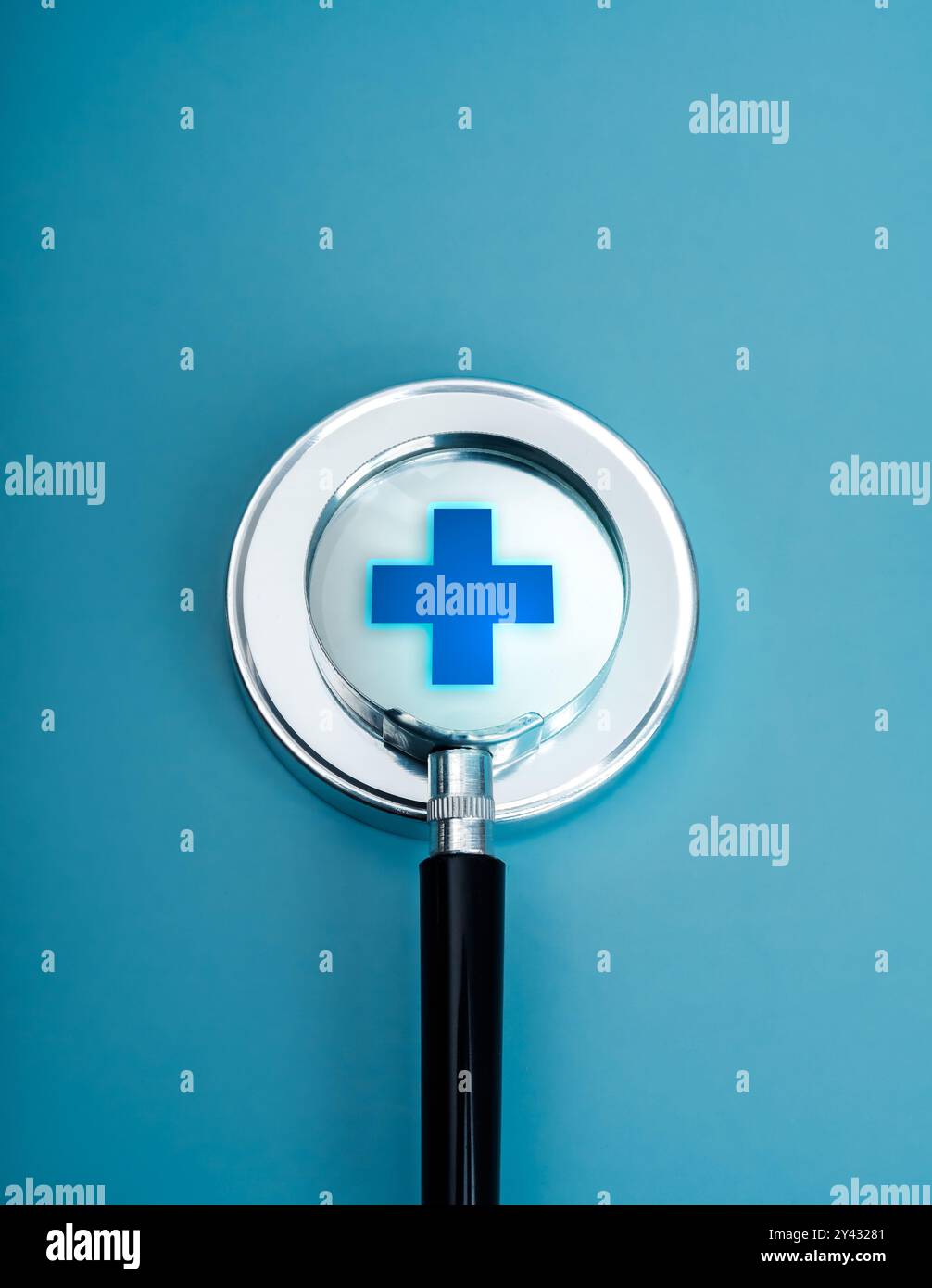 Healthcare service technology, online medic check, wellness plan, insurance concepts. Medical symbol, plus icon on metallic button in magnifying glass Stock Photo