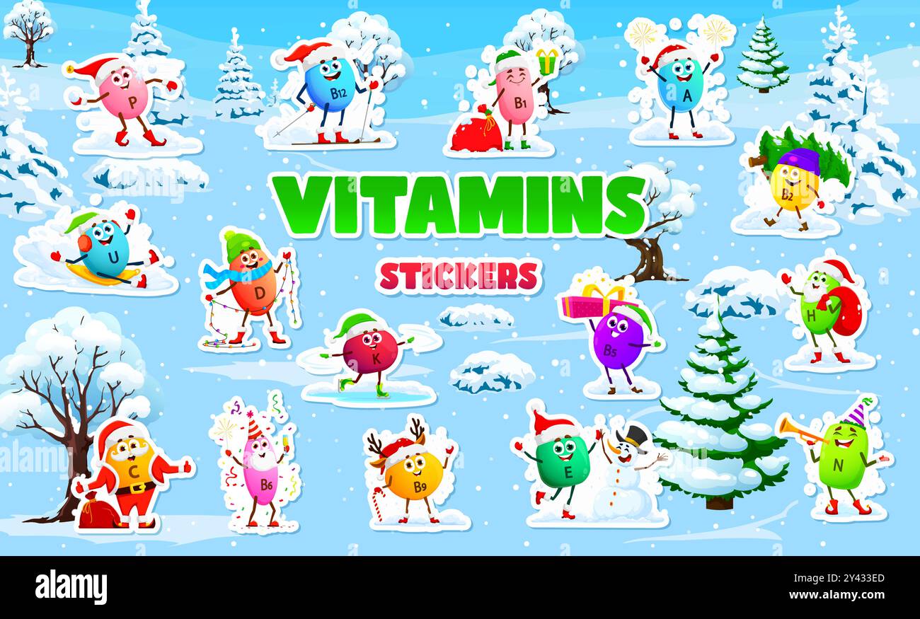 Cartoon vitamin and micronutrient characters stickers pack. Colorful supplement capsules enjoying winter wonderland, and outdoor Christmas holiday activities, emphasizing health, nutrition, and joy Stock Vector