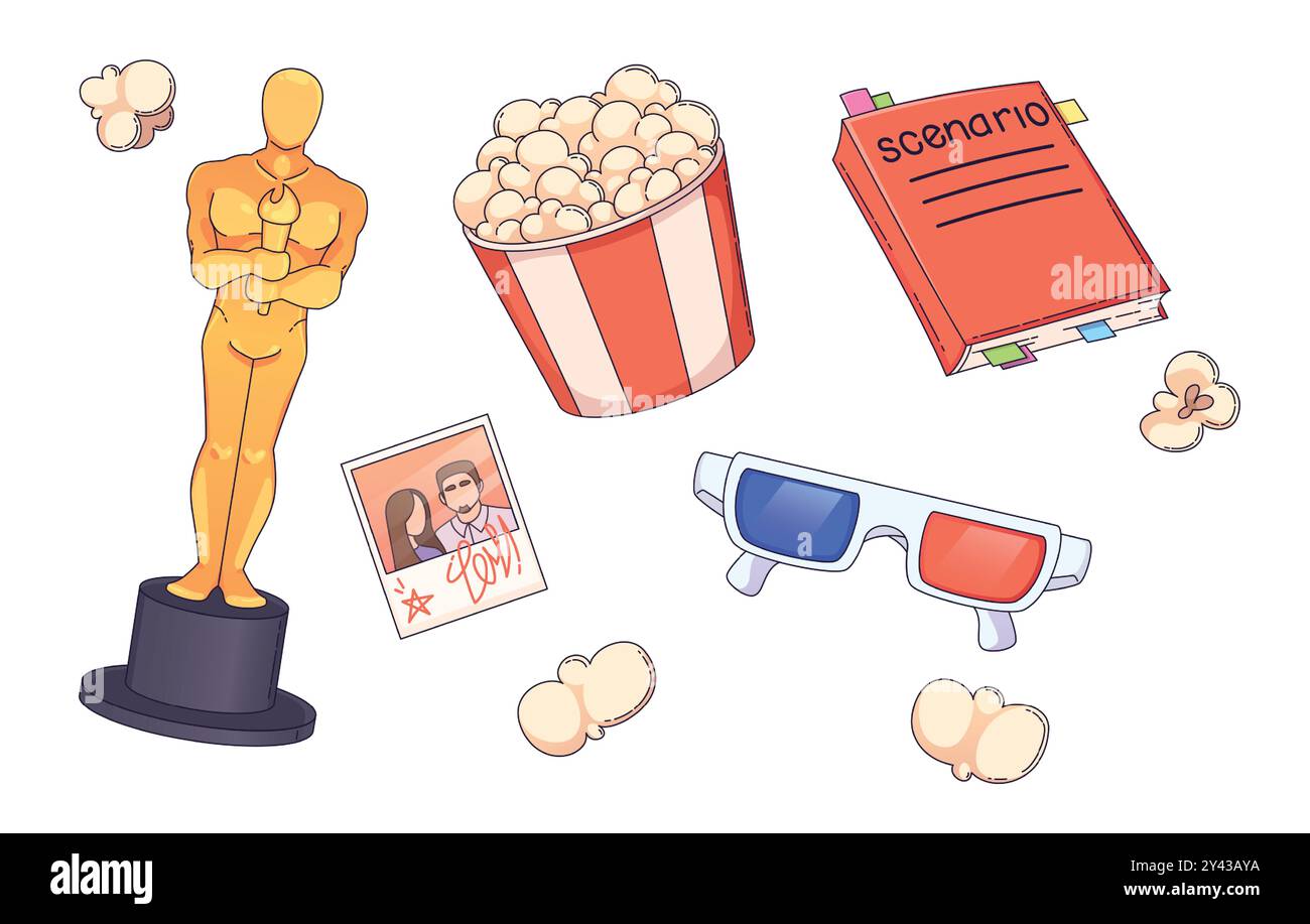 Oscar award and popcorn. Movie icon vector set for hollywood multimedia. Theater recreation drawing pack. Filmmaking art bundle with trophy statue, glasses and scenario book. Cinematography concept Stock Vector