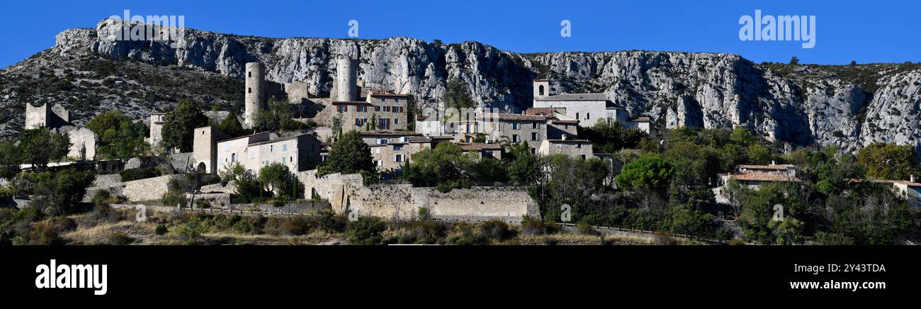 Bargeme, France, 2024 panoramic view of the historic village Bargeme, France, 2024 view of the historic village with château ruins stone towers Stock Photo