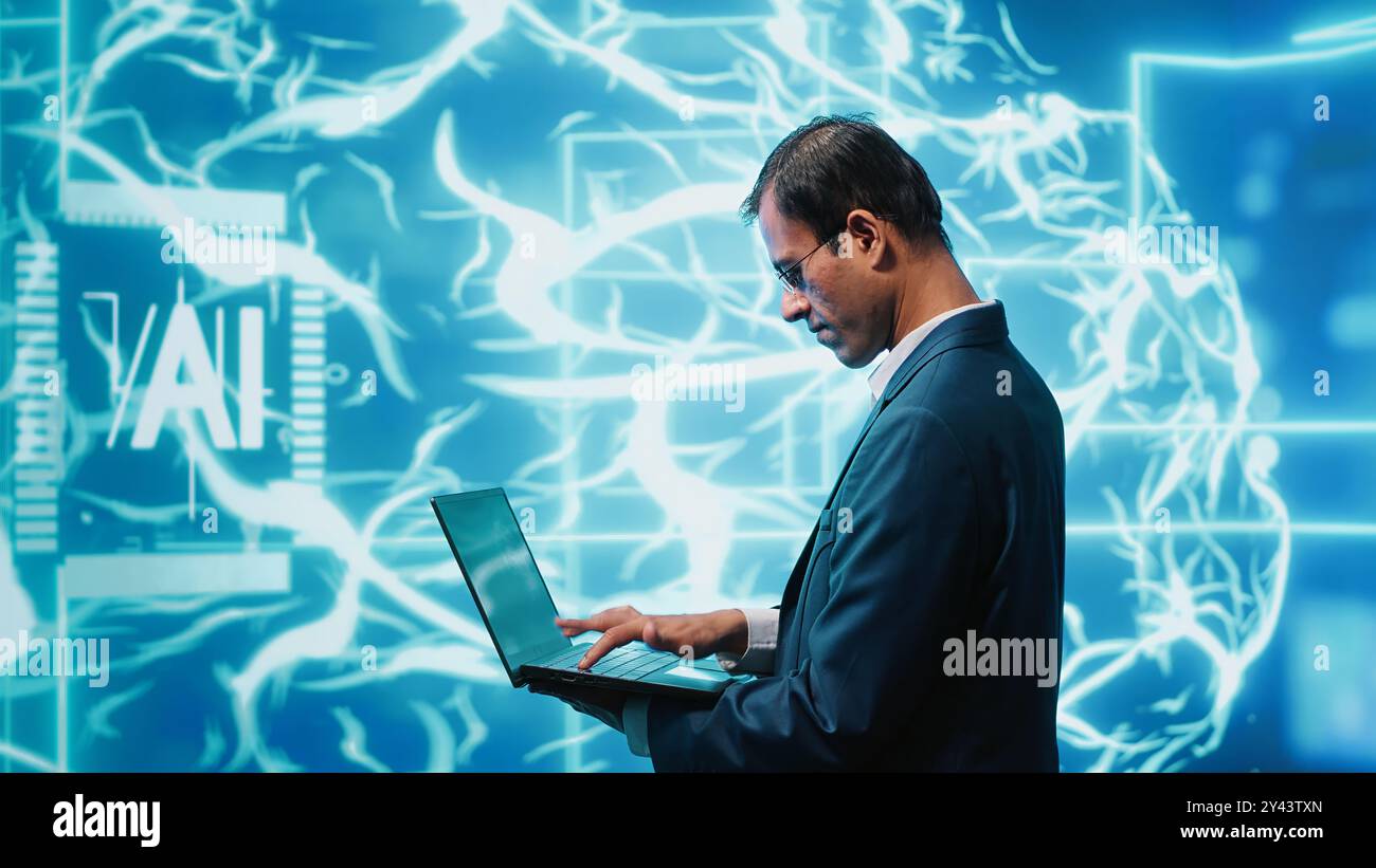 Computer scientist solving tasks on laptop, running artificial intelligence programming scripts. Engineer manipulating lines of code for AI applications development, camera A Stock Photo