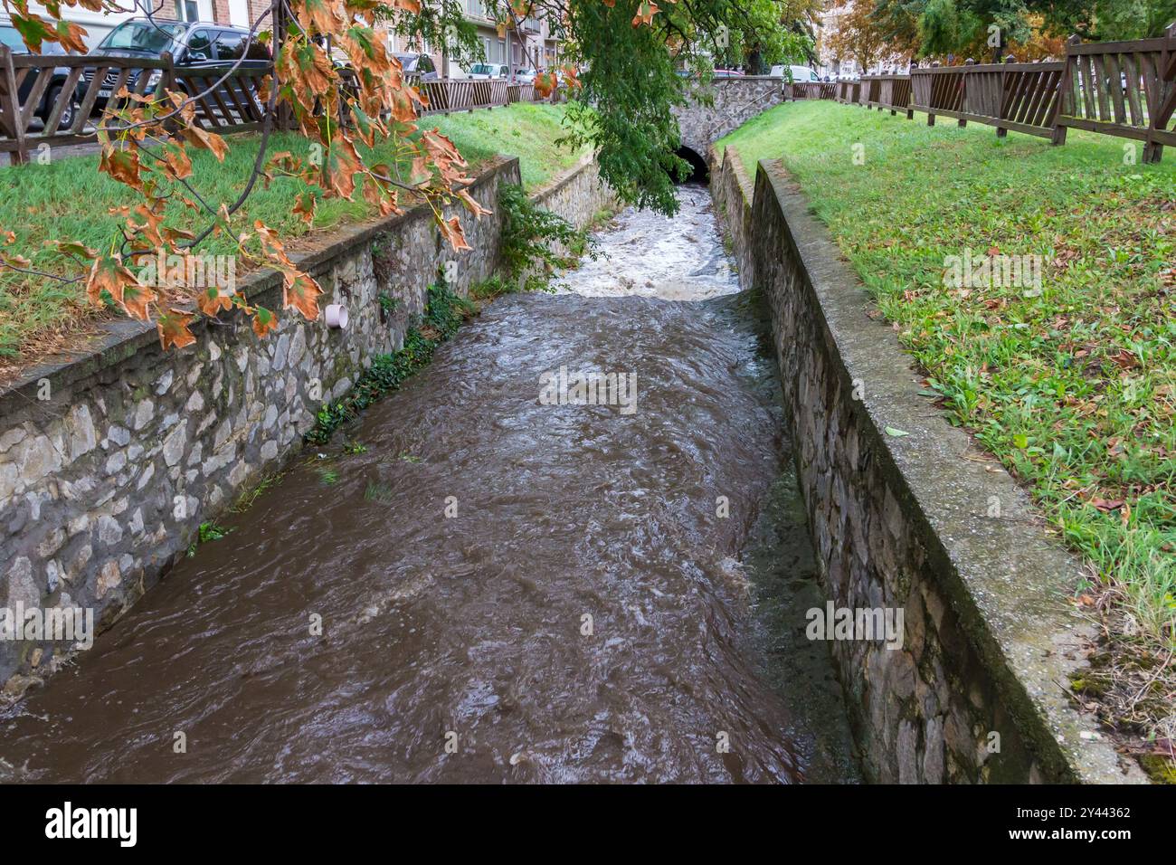 Brook Rak is flooding after heavy rains, Sopron, Hungary Stock Photo