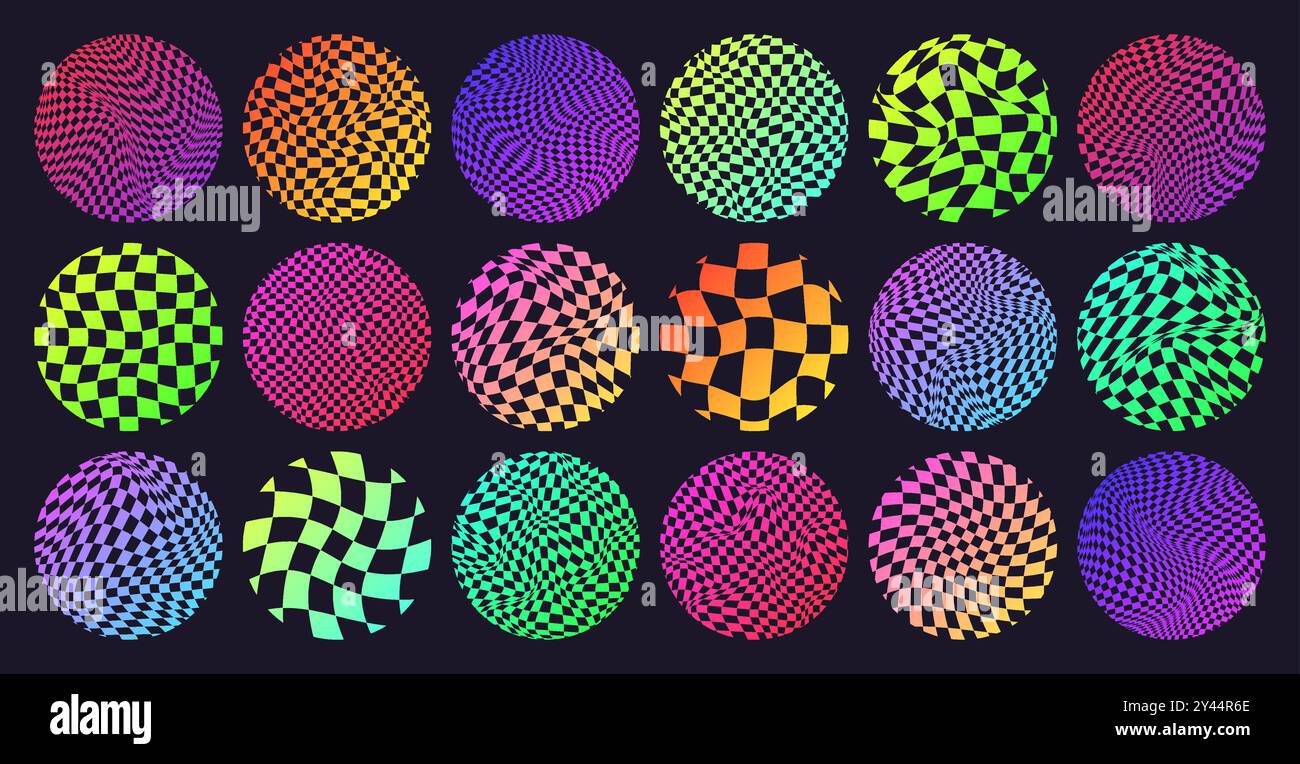 Groovy checkered pattern, neon round tiled grid. Vintage wavy curved ...