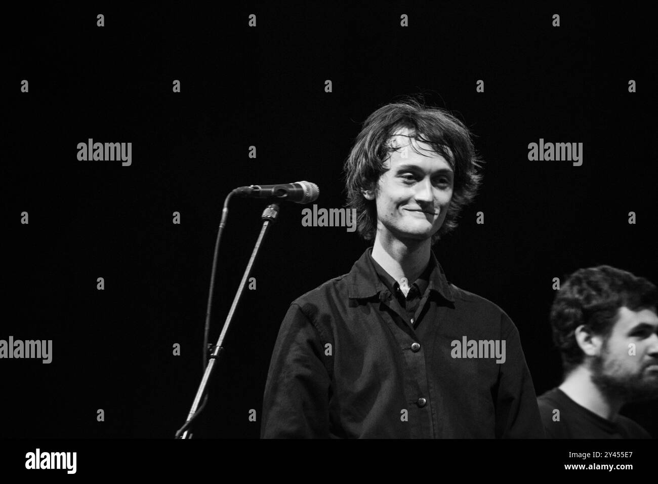 OUGHT, CONCERT, GREEN MAN FESTIVAL 2014: Tim Darcy from the band Ought playing live on the Far Out Stage at the Green Man Festival 2014 at Glanusk Park, Brecon, Wales, August 2014. Photo: Rob Watkins. INFO: Ought was a Canadian post-punk band known for their angular guitars, sharp rhythms, and politically charged lyrics. Blending punk energy with art-rock experimentation, their music explored themes of alienation, identity, and social unrest, creating a raw, dynamic, and thought-provoking sound. Stock Photo