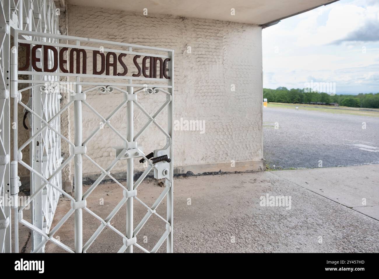 Entrance gate of the Buchenwald concentration camp, inscribed 'Jedem das Seine' (To each his own) Stock Photo