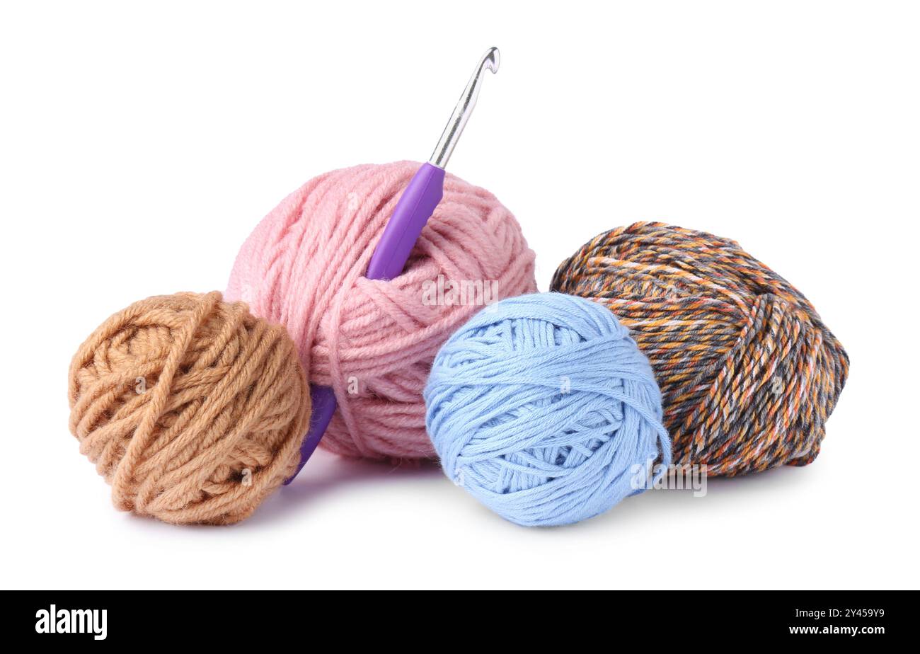 Colorful balls of yarn and crochet hook isolated on white Stock Photo ...