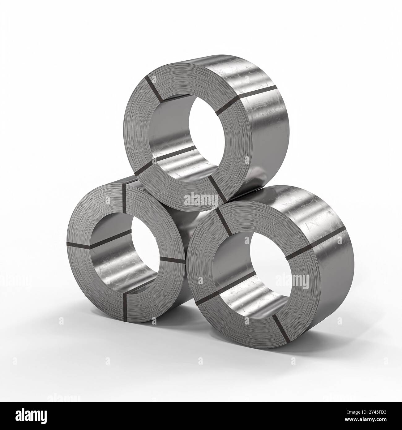 Three shiny steel rolls stacked on white background 3d render Stock Photo