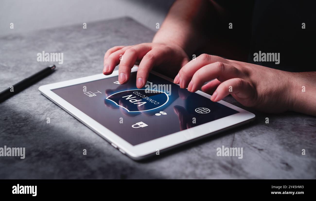 Woman use VPN Virtual Private Network protocol on digital tablet. VPN concept.1 Stock Photo