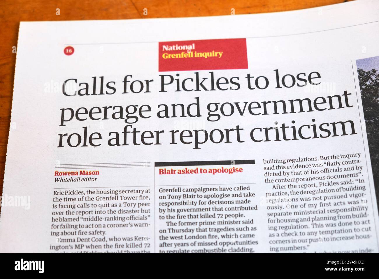 'Calls for (Lord Eric) Pickles to lose peerage and government role after report criticism' Guardian newspaper headline housing article 2024 UK Stock Photo