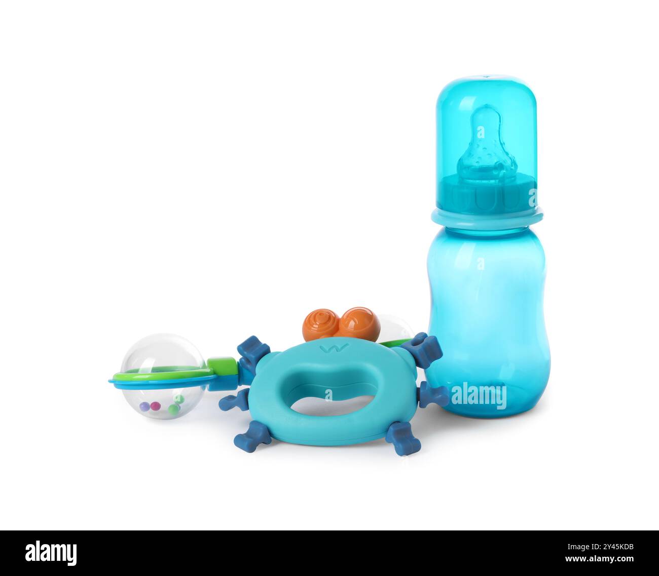 Baby rattles and bottle isolated on white Stock Photo - Alamy