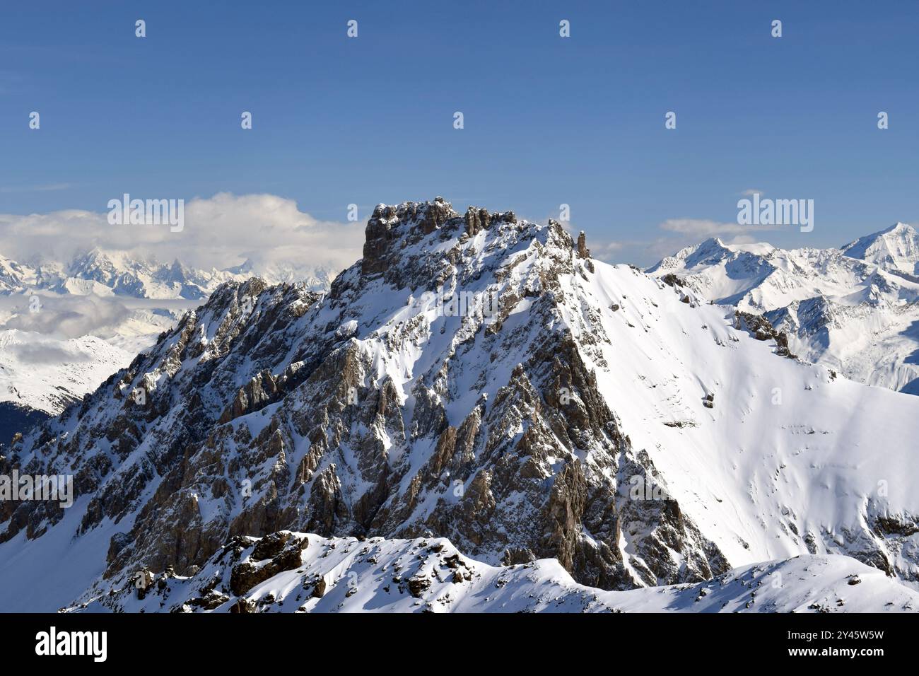 View of Snowcapped Alpine mountain peaks in the Three Valleys, France ...