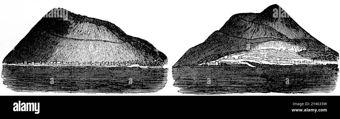 Profile of the Mount Vesuvius Volcano at the time of the Greek geographer and philospher Strabo, born 64 or 63 BC  (left) and today (1885) Stock Photo