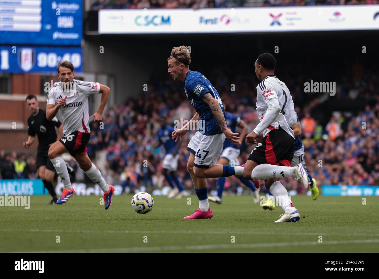 Jack Clarke of Ipswich Town beats Kenny Tete of Fulham - Ipswich Town v Fulham, Premier League, Portman Road, Ipswich, UK - 31st August 2024  Editorial Use Only - DataCo restrictions apply Stock Photo