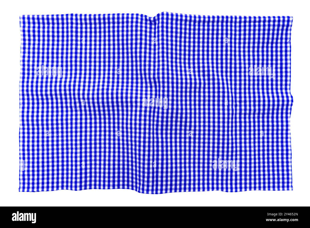 Piece of torn blue crumpled checkered fabric on a white background. Textile. Cellular tissue isolate Stock Photo