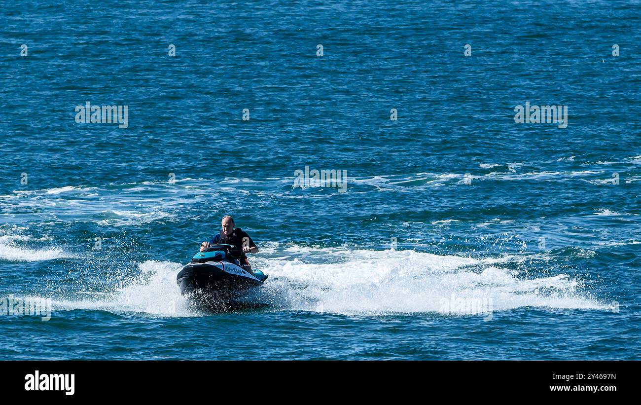 Brighton, UK. 14 September 2024.  Ed Davey, Leader of the Liberal Democrats photographed at the Liberal Democrat Autumn Conference . Liberal Democrat Leader Ed Davey arrives on Jet Ski at Brighton Marina this morning as the party holds its first Autumn Conference following the general election.  . Picture by Julie Edwards./Alamy Live News Stock Photo