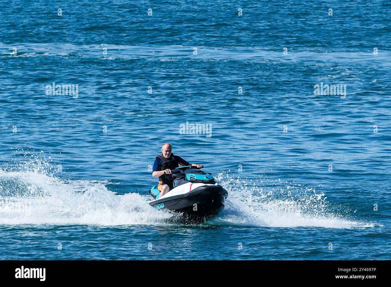 Brighton, UK. 14 September 2024.  Ed Davey, Leader of the Liberal Democrats photographed at the Liberal Democrat Autumn Conference . Liberal Democrat Leader Ed Davey arrives on Jet Ski at Brighton Marina this morning as the party holds its first Autumn Conference following the general election.  . Picture by Julie Edwards./Alamy Live News Stock Photo