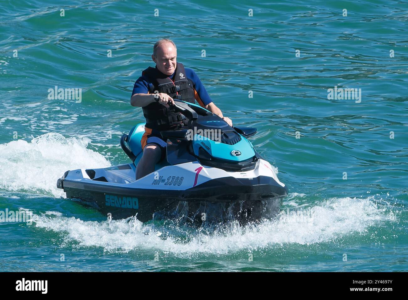 Brighton, UK. 14 September 2024.  Ed Davey, Leader of the Liberal Democrats photographed at the Liberal Democrat Autumn Conference . Liberal Democrat Leader Ed Davey arrives on Jet Ski at Brighton Marina this morning as the party holds its first Autumn Conference following the general election.  . Picture by Julie Edwards./Alamy Live News Stock Photo