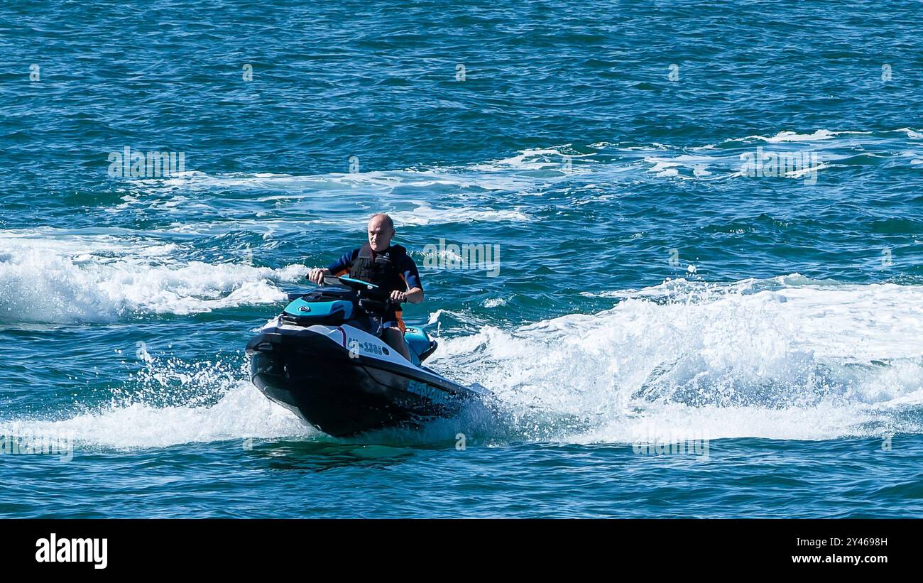 Brighton, UK. 14 September 2024.  Ed Davey, Leader of the Liberal Democrats photographed at the Liberal Democrat Autumn Conference . Liberal Democrat Leader Ed Davey arrives on Jet Ski at Brighton Marina this morning as the party holds its first Autumn Conference following the general election.  . Picture by Julie Edwards./Alamy Live News Stock Photo