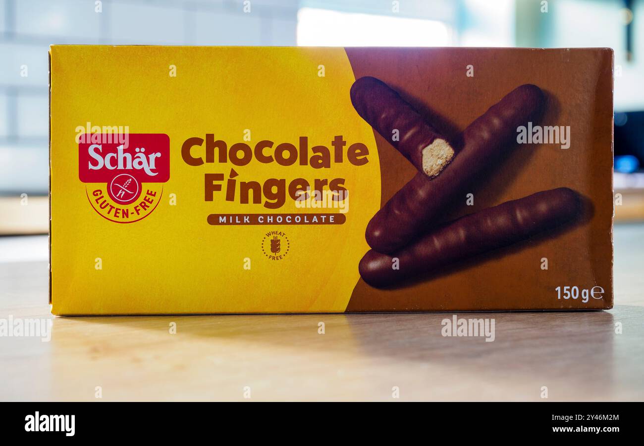 Manchester, UK, September, 16, 2024: Gluten free biscuits box of Schar brand Chocolate fingers for wheat free diets. Stock Photo