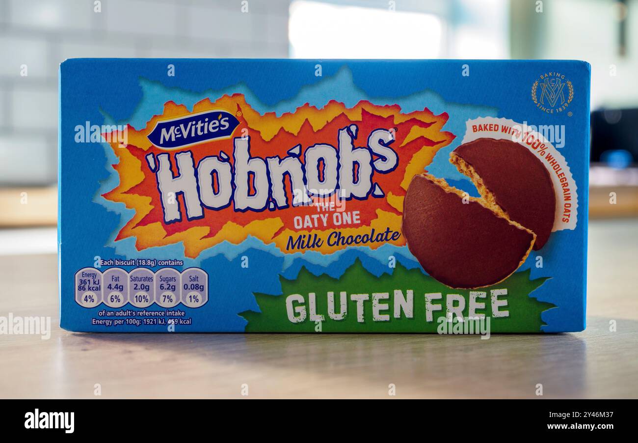 Manchester, UK, September, 16, 2024: Pack of Mcvities milk chocolate Hobnobs gluten free for wheat free diets Stock Photo