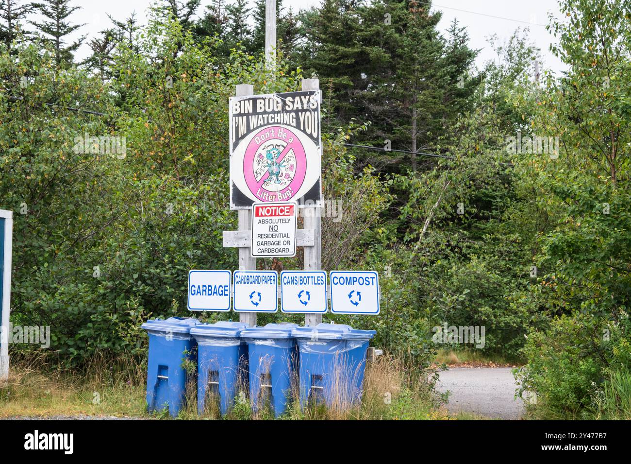 Bin bug sign on Thermal Plant Road in Holyrood, Newfoundland & Labrador, Canada Stock Photo