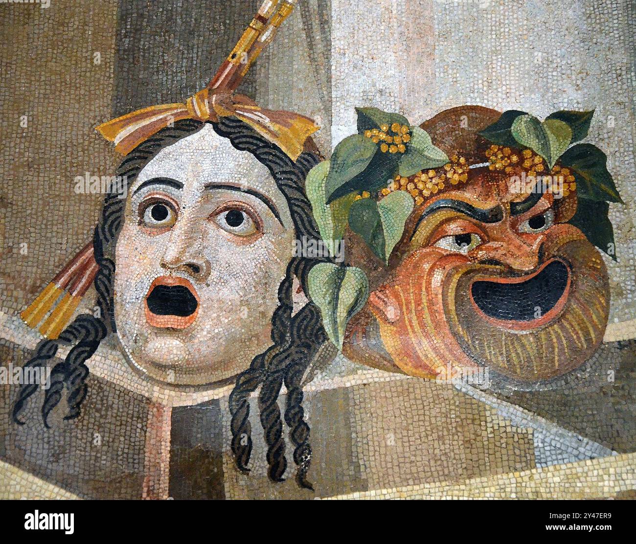 ROMAN MOSAIC SHOWING THEATRICAL MASKS showing Tragedy Comedy Stock Photo