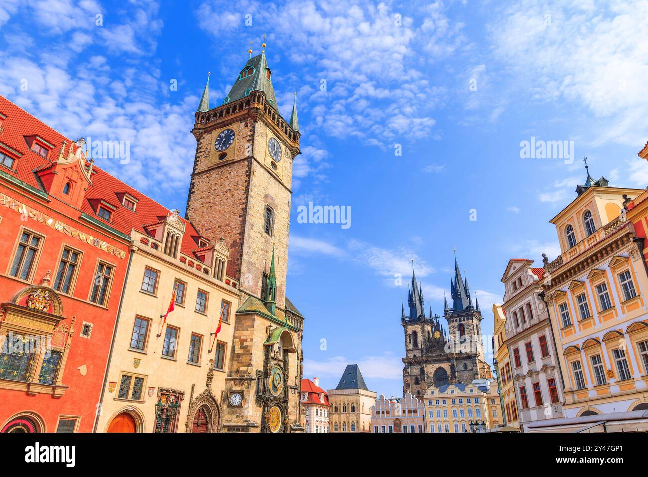 Prague, Czech Republic. Tyn Cathedral and Clock Tower. Stock Photo