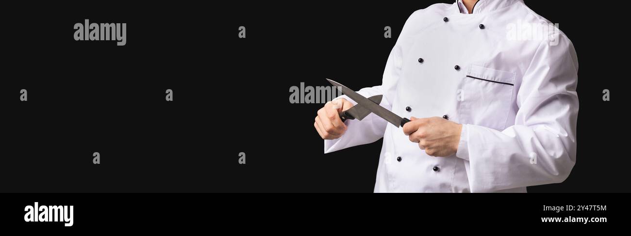 Funny Cook Guy Sharpening Knives Posing In Studio, Panorama, Stock Photo