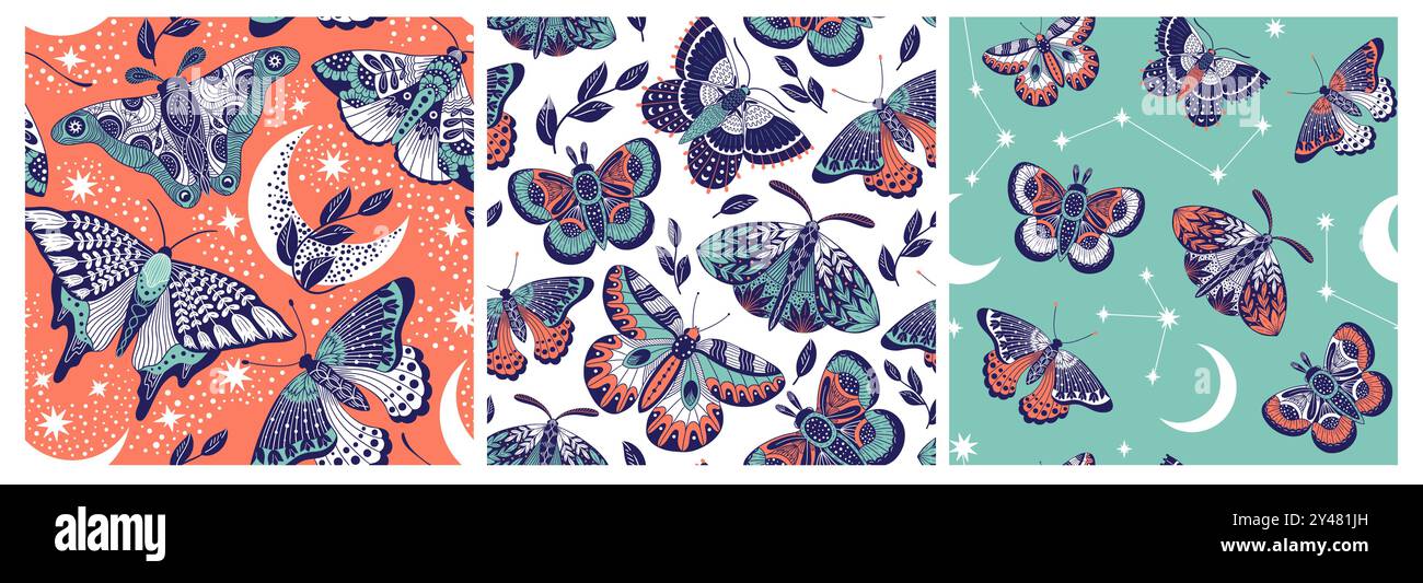 Boho butterfly pattern. Seamless print of moth and astrologic mystic symbols with abstract fantasy insects, ethnic fabric textile design. Vector textu Stock Vector