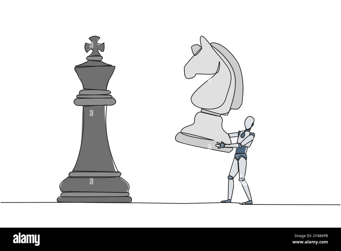 Continuous one line drawing smart robotic holds horse chess to beat king chess. Strategic planning, business development strategy, tactic entrepreneur Stock Vector