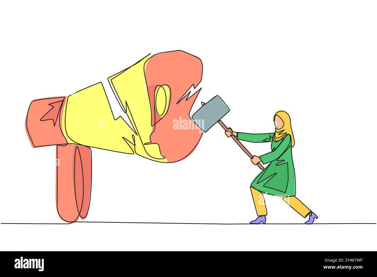 Single one line drawing Arabian businesswoman preparing to hit a big megaphone. Destroy of hoax information that damage business stability. Destroy sl Stock Vector