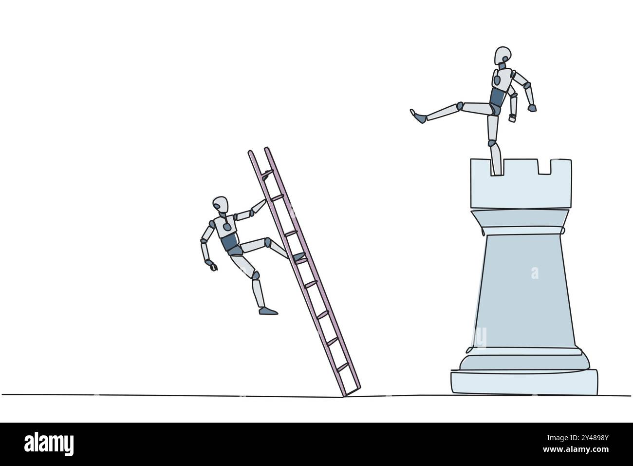 Single one line drawing smart robot kicks opponent who climbing the chess rook with ladder. Wrong move. Wrong strategy. Plan leaked by colleague. Trai Stock Vector