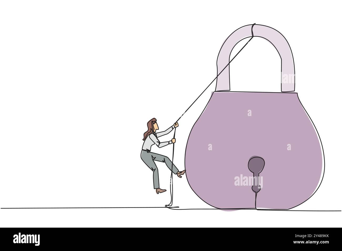 Single one line drawing businesswoman climbing padlock with rope. Do ...