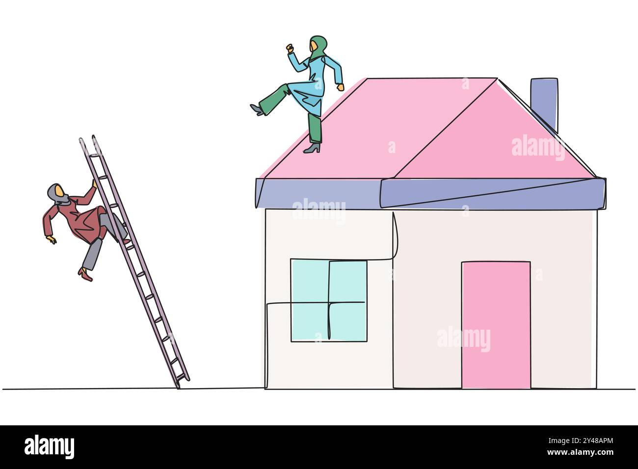 Single continuous line drawing Arab businesswoman kicks rival who climbs miniature house with stairs. Metaphor of fraud committed by house developers. Stock Vector