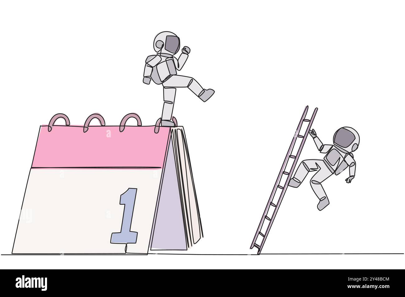 Single continuous line drawing young astronaut kicks opponent who is