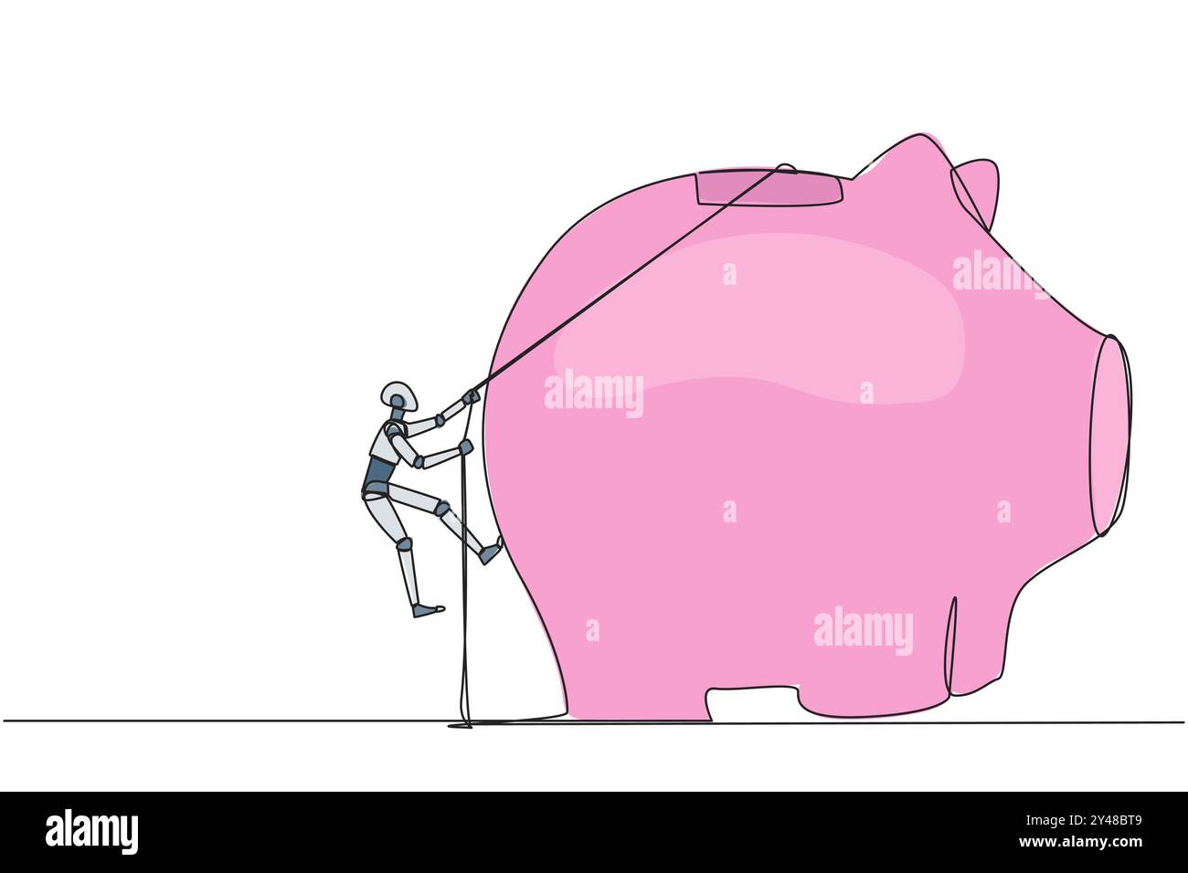 Single continuous line drawing smart robot climbing piggy bank with the ...