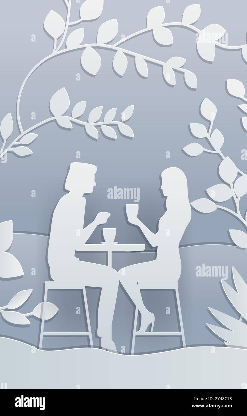 Couple having coffee conversation paper cut style nature scene foliage silhouettes Stock Vector