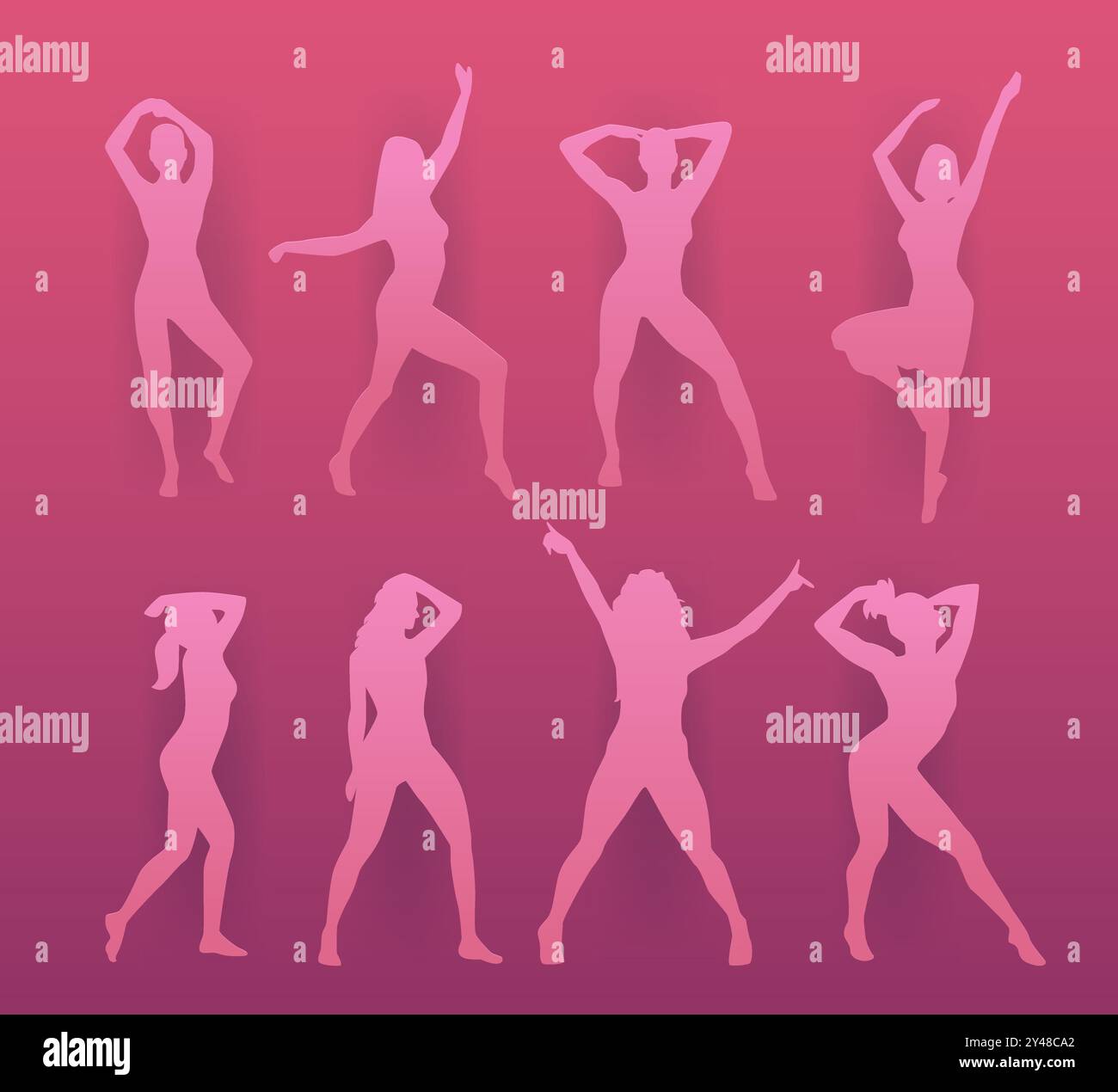 Silhouette dancing women in various poses. Pink gradient background ...