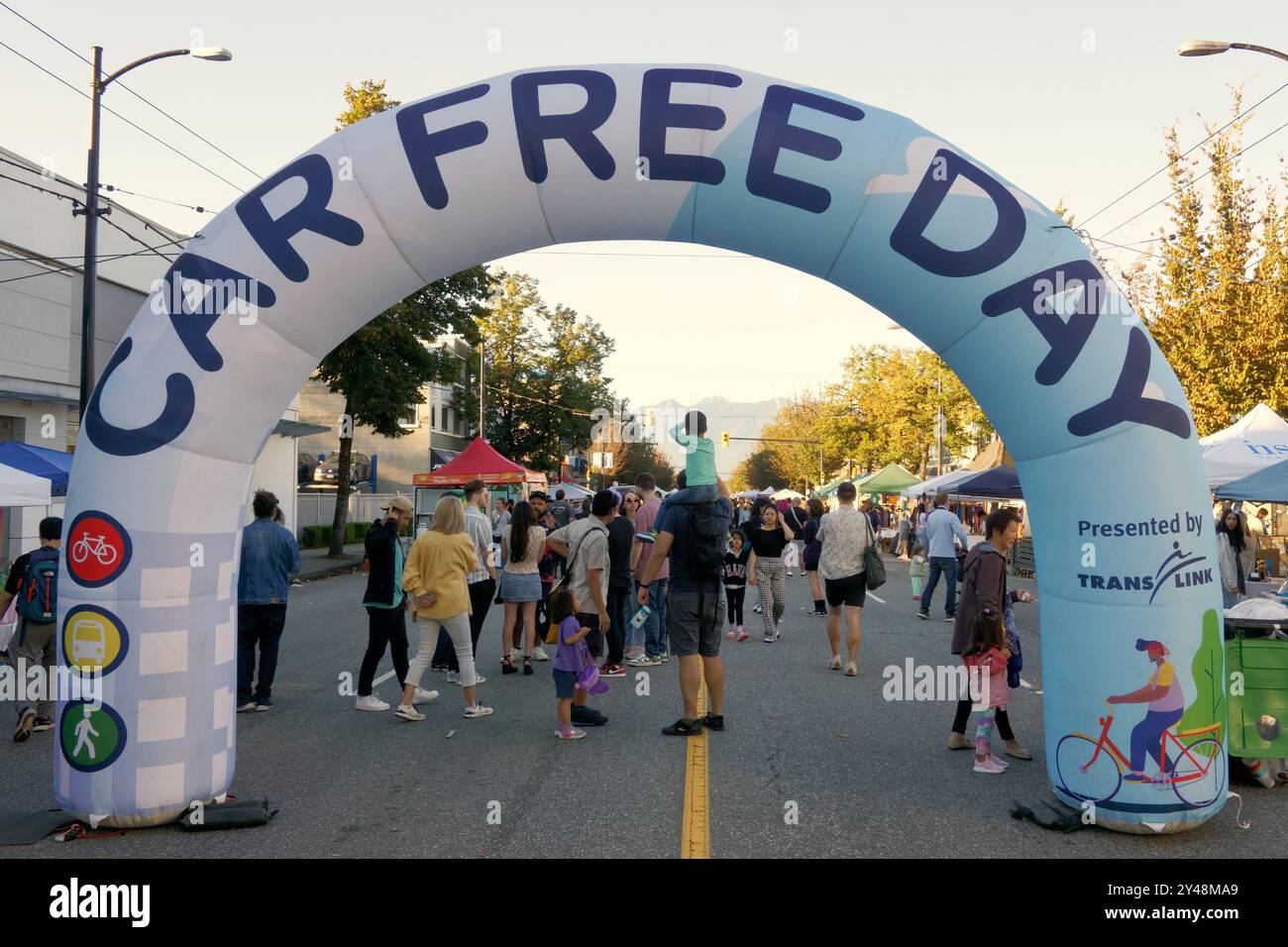Car Free Day summer street festival on Main Street, September 2024, Vancouver, British Columbia, Canada Stock Photo