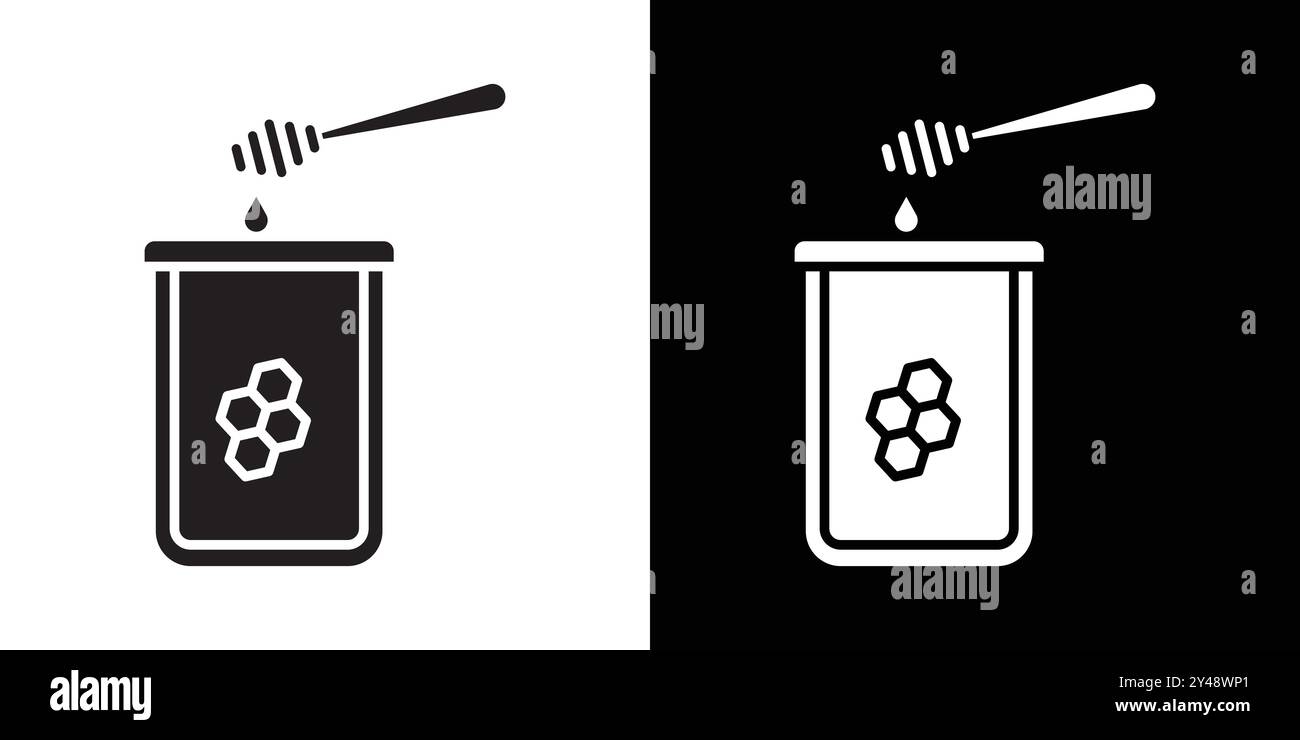 Honey jar with dipper icon Black line art vector in black and white ...