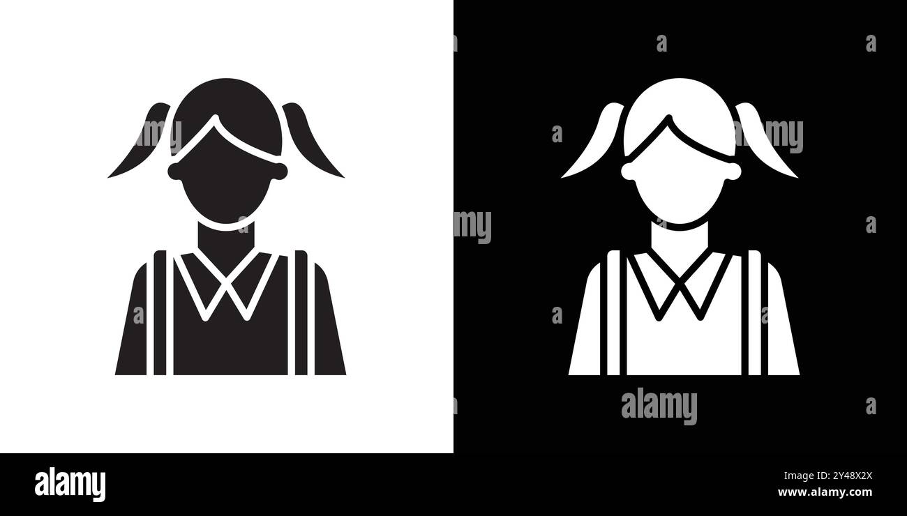 School girl icon Black line art vector in black and white outline set ...