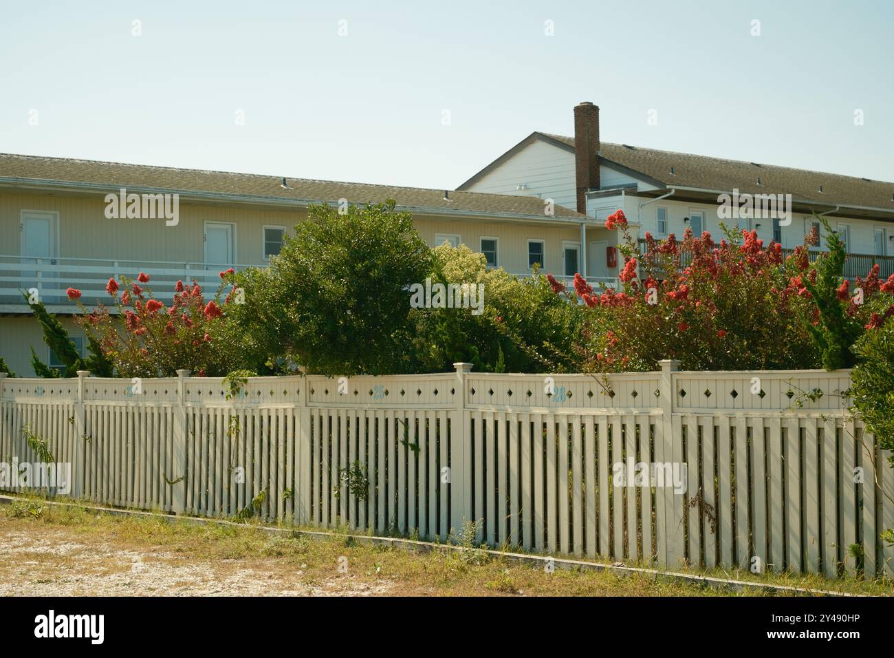 Sands Motel with colorful bushes, Montauk, New York Stock Photo